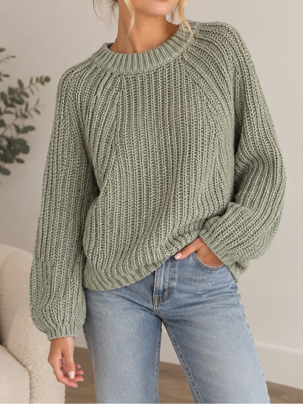 Free People Ribbed Crew Sweater in Sage Green